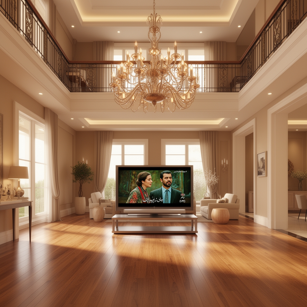 یک خانه ویلایی دو طبقه که داخل سالن ان نور پردازی زیبایی شده و یک لوستر بزرگ به سقف آویزان ایت تلوزیون هم در حال پخش فیلم همسفر گوگوش ایت
3