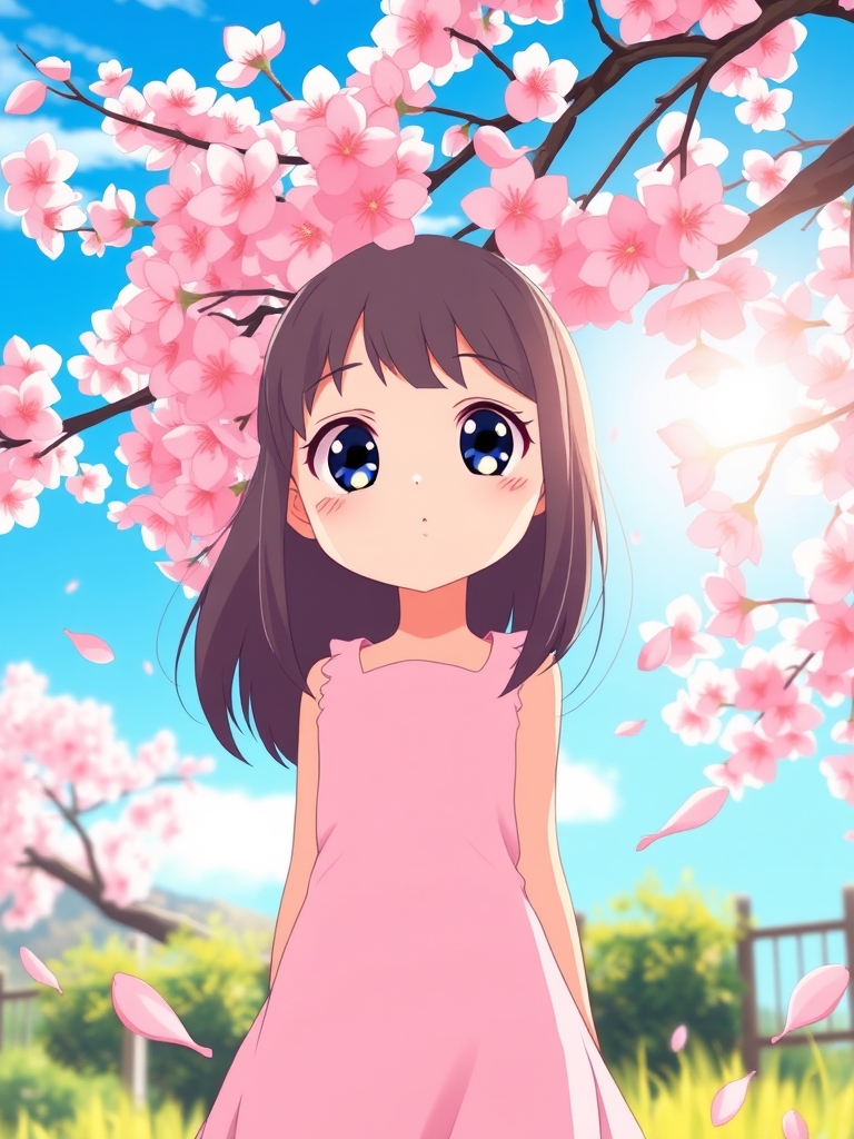 دختر انیمهای با چشمهای درشت و براق که زیر درخت شکوفه گیلاس ایستاده، گلبرگها در باد میرقصند، سبک استودیو جیبلی، آسمان آبی روشن.2