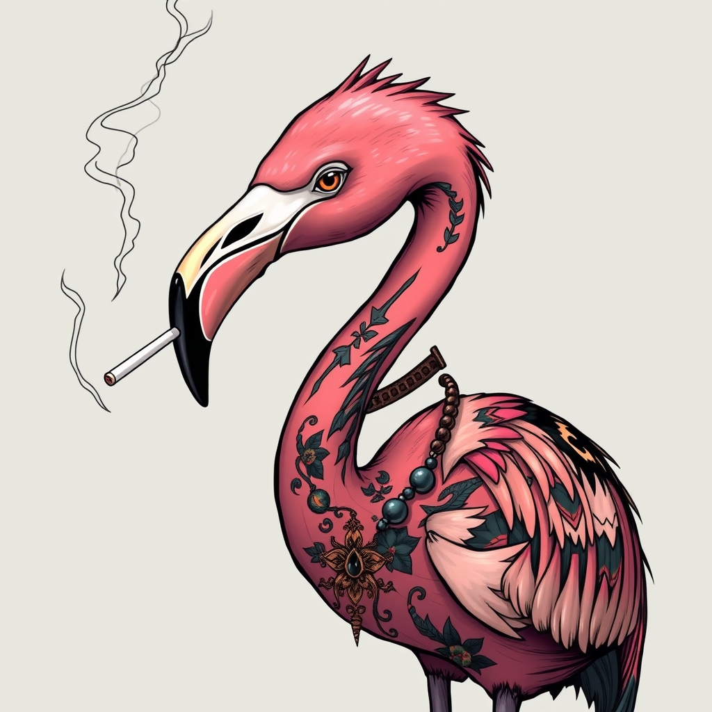 فلامینگو با تتو رو بدنش و گردنبند گردنش در حال سیگار کشیدن3