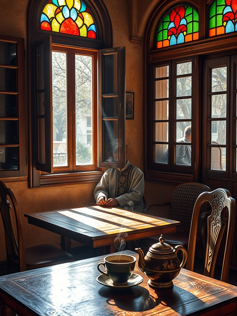 قهوه‌خانه‌ قدیمی با پنجره‌های چوبی رنگارنگ که نور خورشید از میان شیشه‌های رنگی عبور می‌کند و بر دیوارهای خشتی و میزهای چوبی رنگی ها زنده می‌سازد.هر پنجره ترکیبی از رنگ‌ قرمز، زرد و سبز و آبی دارد و فضای داخلی با میزها و صندلی چوبی و قدیمی است و این فضا حس راحتی و سرزندگی را به انسان میدهد و مردی تنها درون قهوه خانه رو یکی از صندلی ها نشسته که  اصلا چهره اش معلوم نیست لباسی پر طرح و نقش پوشیده و فنجان‌ قهوه‌ای دودی پر از آرامش ویک چای و قندون روی میز است که بخار گرمای چای مشخص است.4