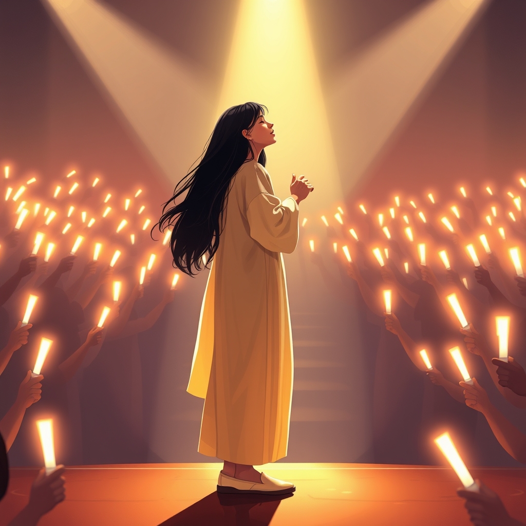 دختری با موهای بلندمشکی لباس کراپ تاپ باشلوارشیش جیب باکفش آلاستار که داره میخونه وخیلی خوشحاله فقط ازبقل مشخصه وروی استیجه طرافدارهاش خیلی زیادجلوشن ودارن لایت استیکاشون روتکون میدن.15