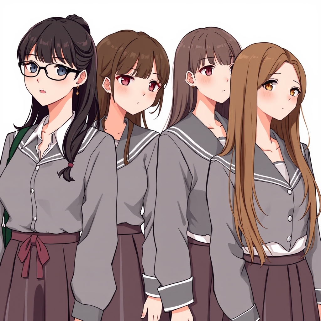 چهار تا دوست دختر با روپوش مدرسه یکی شون عینکی و سه تای دیگر مو های بلند و قهوه ای دارند .10