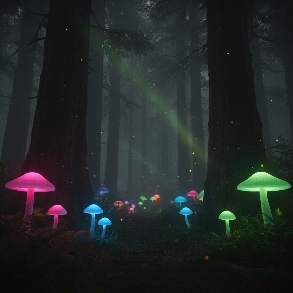 یه جنگل اسرار آمیز و تاریک که قارچ های رنگی کنار درختان رشد کرده اند و نور های رنگی میدهند5
