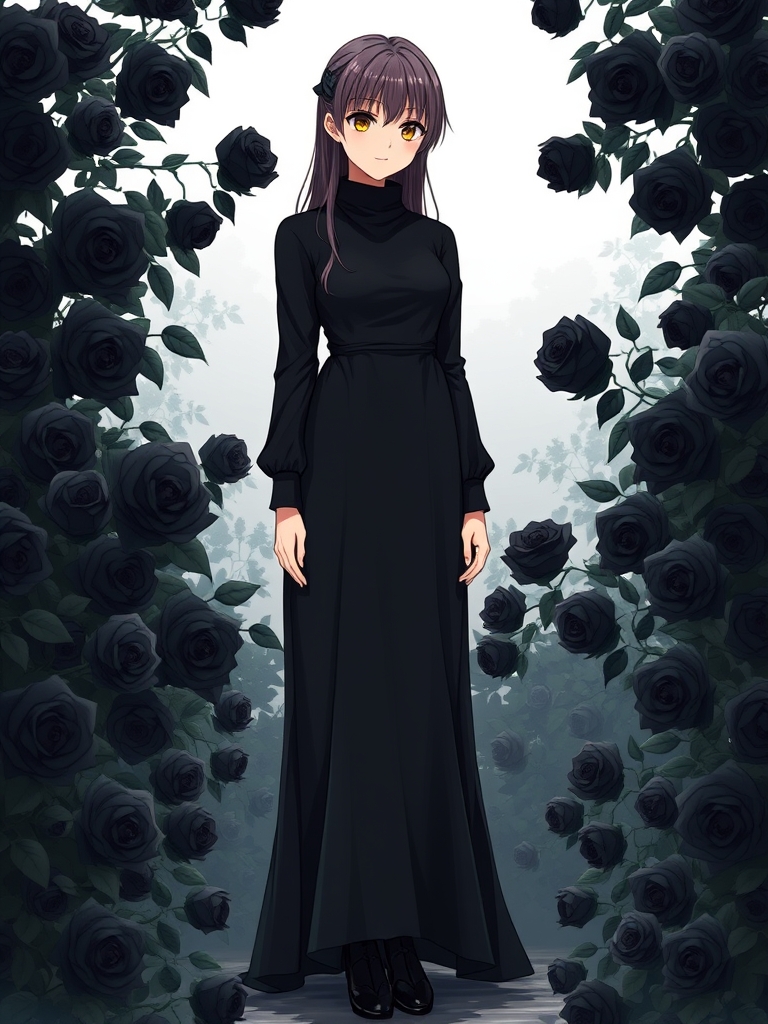 دختر زیبا درمیان گل رز مشکی در حالی که یه ماه زل زده بالباس مشکی بلند 3