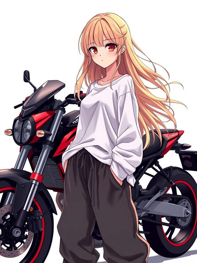 دختری با موها بور چشمای قرمز درشت با تیشرت گنگ و شلوار که تهش کش داشته باش کنار یک موتورسیکلت وایستاده موتور سیاه قرمز  سفید باشد خیللللییییی گنگ باشه13