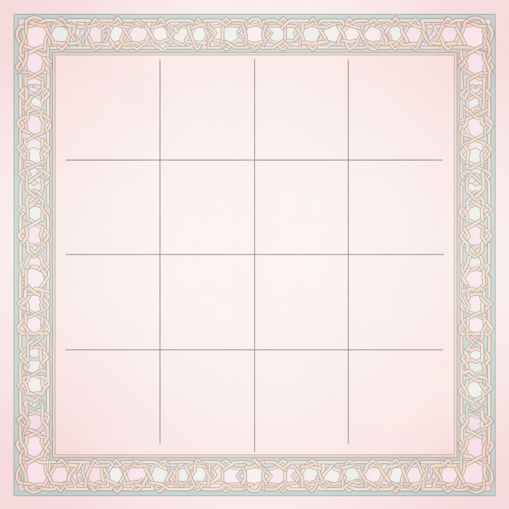A decorative educational table layout with an elegant Islamic geometric border, clean and minimal design.
The table is completely empty with no text inside.
Structured as a grid with 4 columns and 4 rows.
Soft pastel background, subtle paper texture, neat margins.
Designed for Arabic grammar pronouns lesson Flat design, high resolution, suitable for printing and posters.
No words, no letters, no symbols inside the table cells.
Clear grid lines, visually balanced, classroom-friendly style. رویایی6