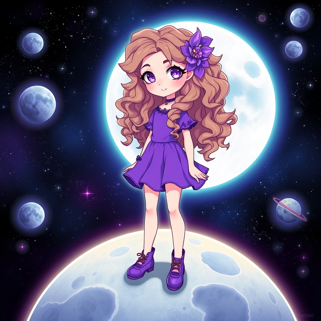 دختری با مو های بلند خرمایی روشن و حالت دار با چشم های بفش لباس بنفش گل سر بنفش و کفش بنفش در کهکشان روی ماه ایستاده9