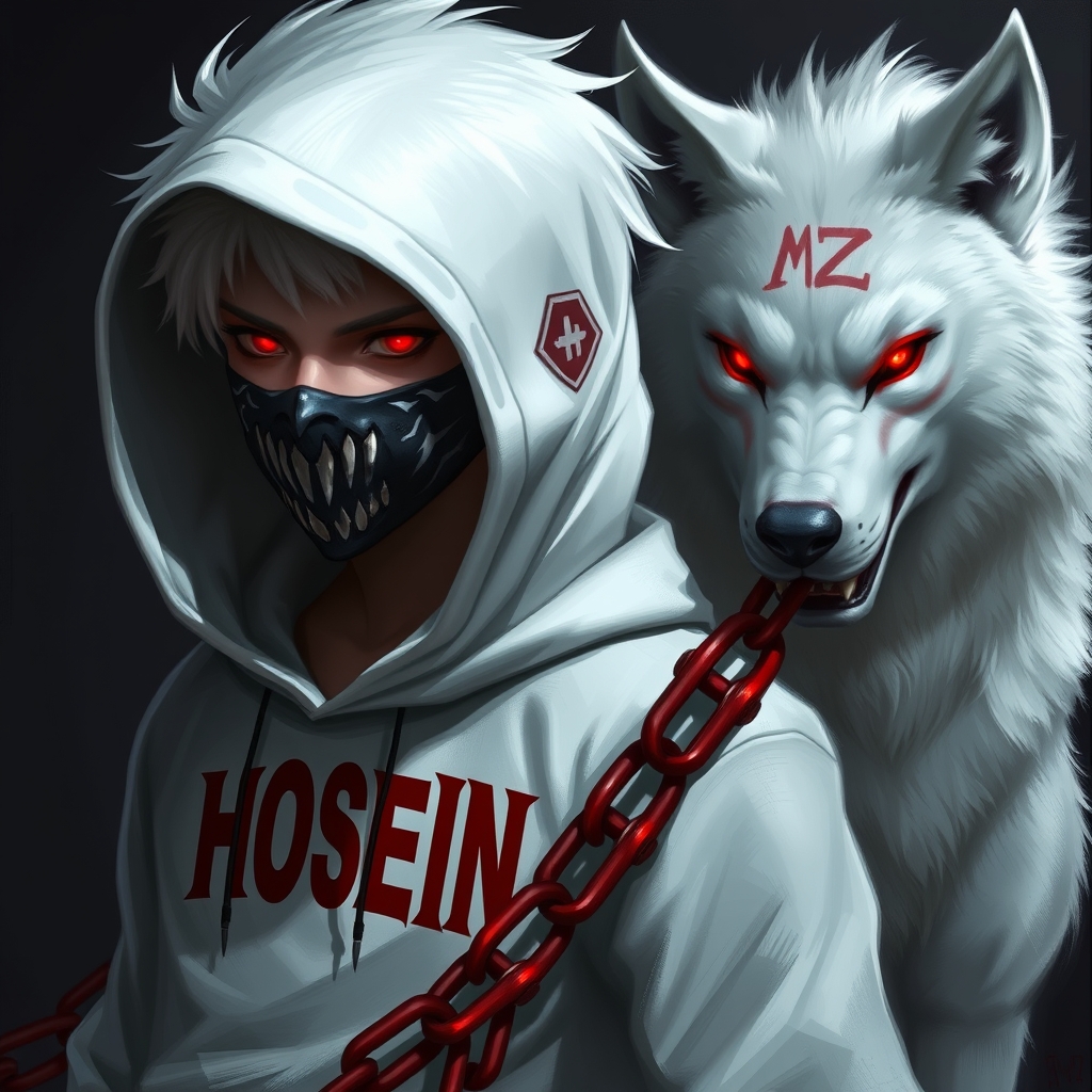 > A semi-realistic digital painting of a mysterious young man with white hair and glowing red eyes, wearing a white hoodie with the word "HOSEIN" in bold red letters. He has a black mask with sharp, white, fang-like designs. Standing beside him is a large, fierce white wolf with glowing red eyes and the letters "MZ" marked on its forehead. The young man is holding a thick red chain connected to the wolf. Dark background, intense lighting, dramatic, powerful, fantasy-style.9