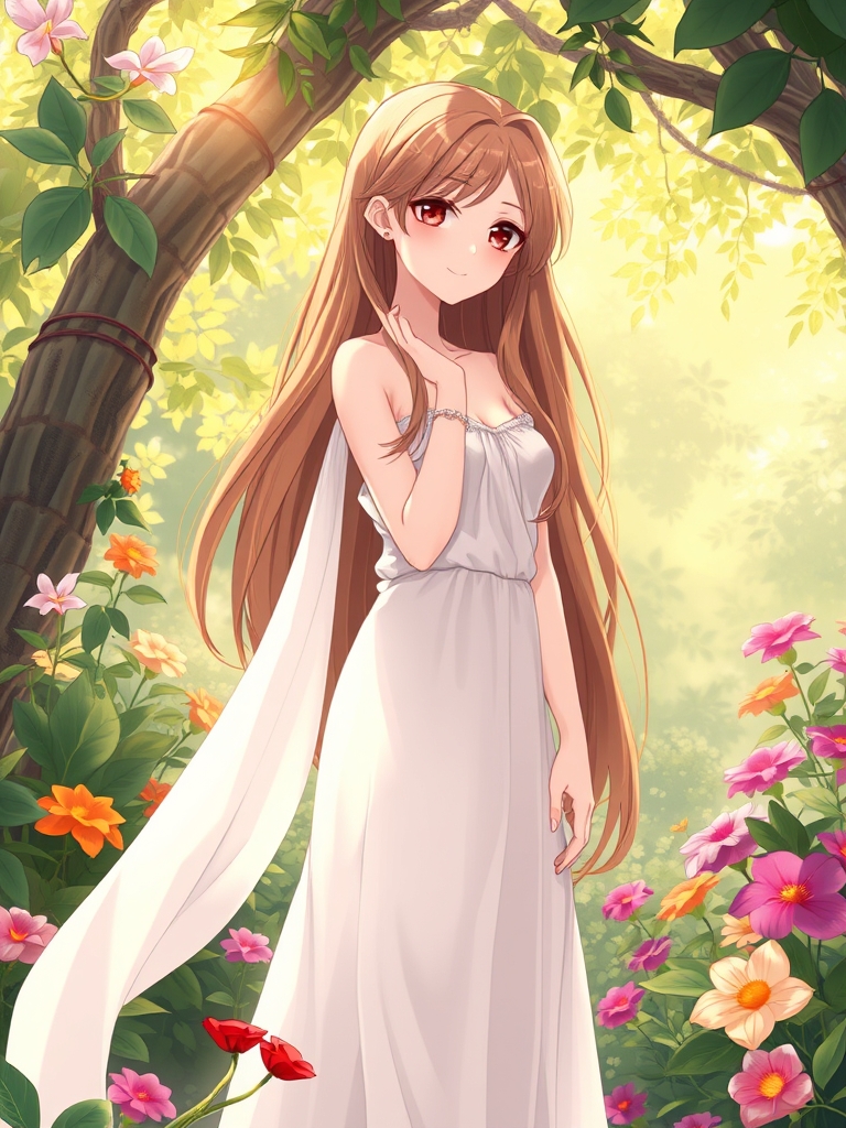 حوا بسیار زیبا در باغ عدن با موهای بلند زیبا به رنگ قهوه ای روشن و لبهای سرخ و پیراهنی از حریر در کنار آدم0