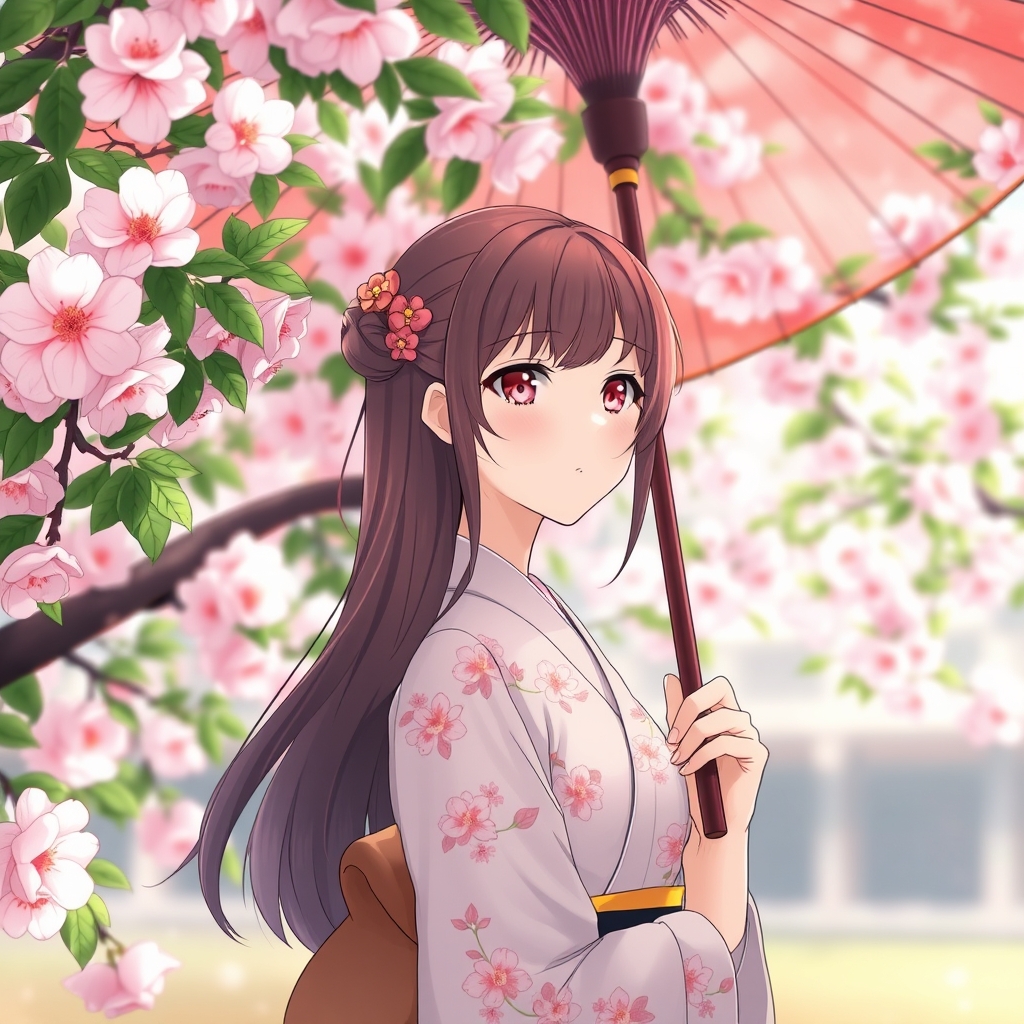 یک دختر با کیمونو ای با طرح شکوفه های درخت هلو و با چتری به رنگ قرمز در دست کنار یک درخت هلو با شکوفه های زیبا .
دختره موهاش بلند و به رنگ صدفی باشه و رنگ چشماش گل‌بهی هستش .
دختره ۱۸ ساله باشه .19