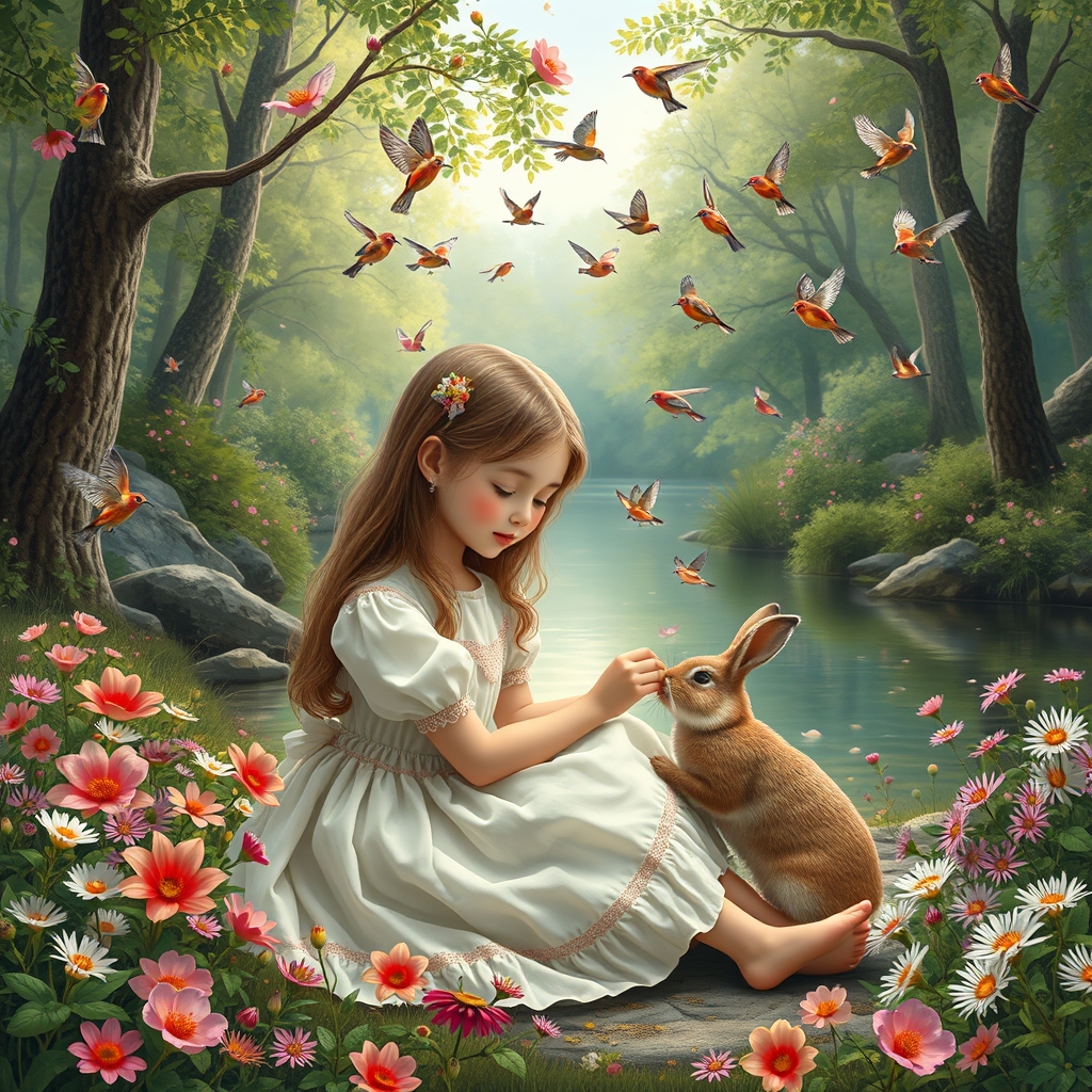 دختری زیبا بالباس عروسکی وصورتی لب رودخانه ای درجنگل پر از گل نشسته و خرگوش زیبایی را نوازش میکند ودوربراو پر از پرنده های زیبایی هست که آواز میخونند4