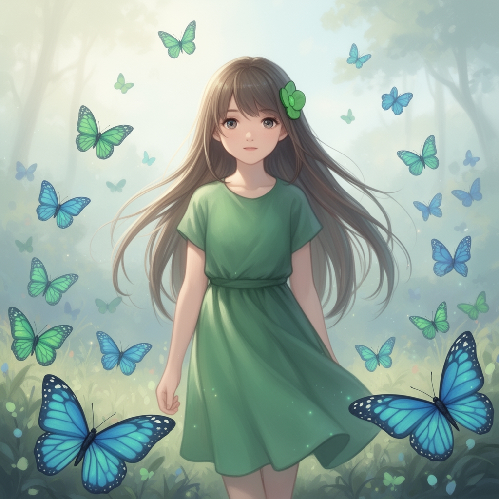 یک  دختر ۱۴ ساله با لباس سبز با گیره سبز زده و موهای بلندی داره و دورش پر از پروانه های ابی و سبز  است0