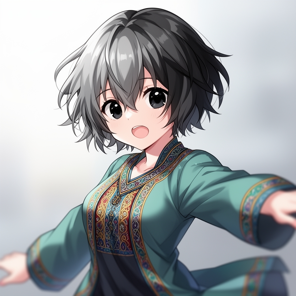 دختری به سبک انیمه ای با چشمان مشکی براق موهای خاکستری و مشکی کاملا کوتا و پسرانه با لباس ایرانی 0