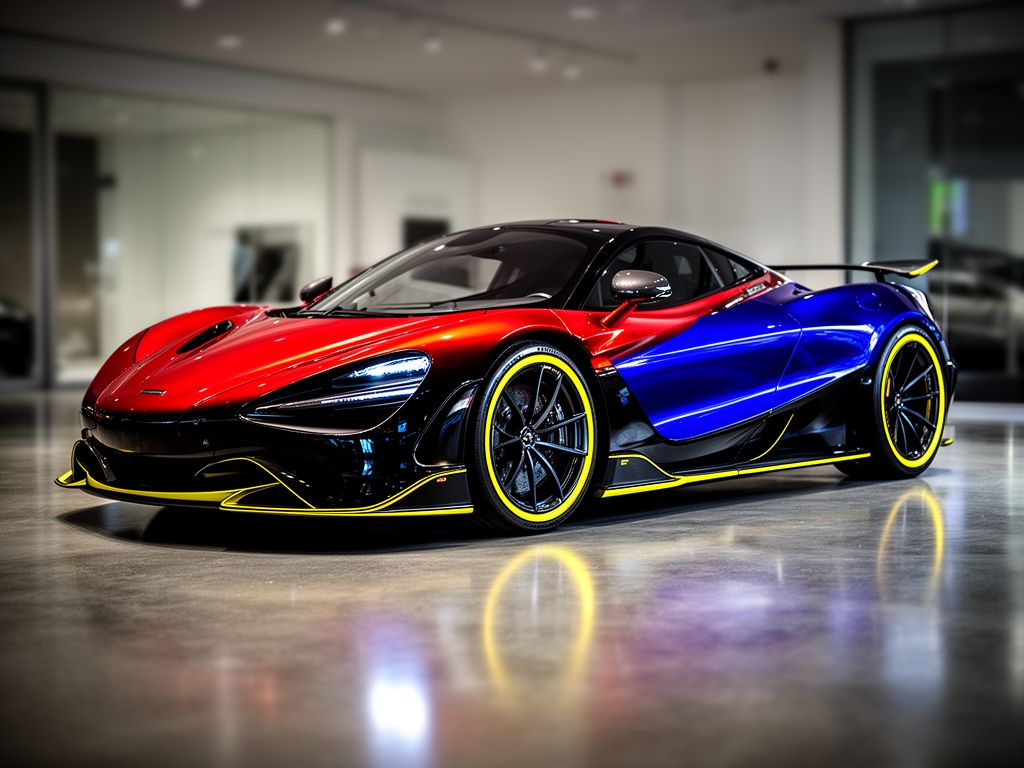 عکس گرون ترین ماشین تاریخ زمین رو با جزئیات خیلی خوب نشان بده رنگ ترکیبی قرمز آبی سیاه زرد مناسب پروفایل 1