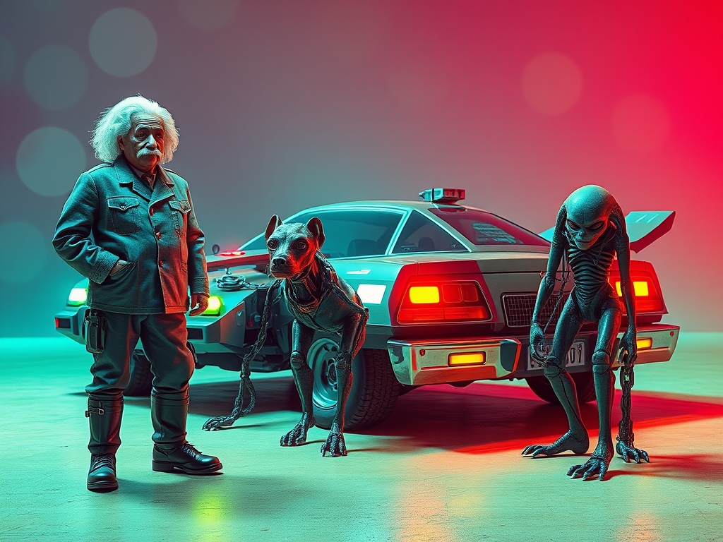 آلبرت انیشتین در کنار سگ رباتی هوشمند و ماشین او شبیه ماشین های بیگانگان است و دست و پای یک فضایی با زنجیر به دست آلبرت است12