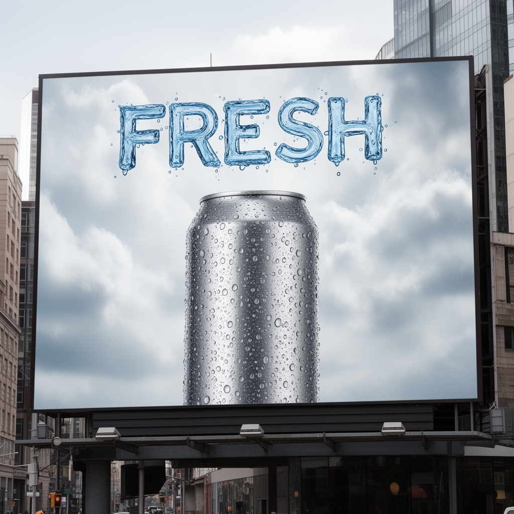 ماکت بیلبورد تبلیغاتی شهری با پس‌زمینه آسمان ابری، روی بیلبورد عکس یک نوشابه خنک است و کلمه "FRESH" با قطرات آب نوشته شده.0