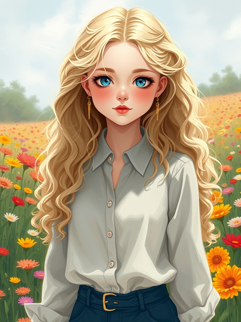 دختری زیبا با مو های طلایی حالت دار بلند ، پوست سفید ، گونه های صورتی و چشم های ابی کریستالی که یه لباس استایل روزانه بر تن دارد   و اشرافی پوشیده و  گوشواره ی طلا دارد به سبک پست امپرسیونیسم و در یک  دشت پر از گل های رنگارنگ  قدم می‌زند 
6