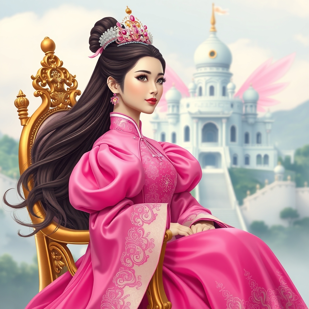 ملکه ای چینی که لباس پفی صورتی پر رنگ با تاج صورتی کم رنگ مو های بلند باز قهوه ای پررنگ او روی صندلی طلایی است واز بیرون به قصر زیبای سفید که بالایش صورتی کم رنگ است نگاه میکند0