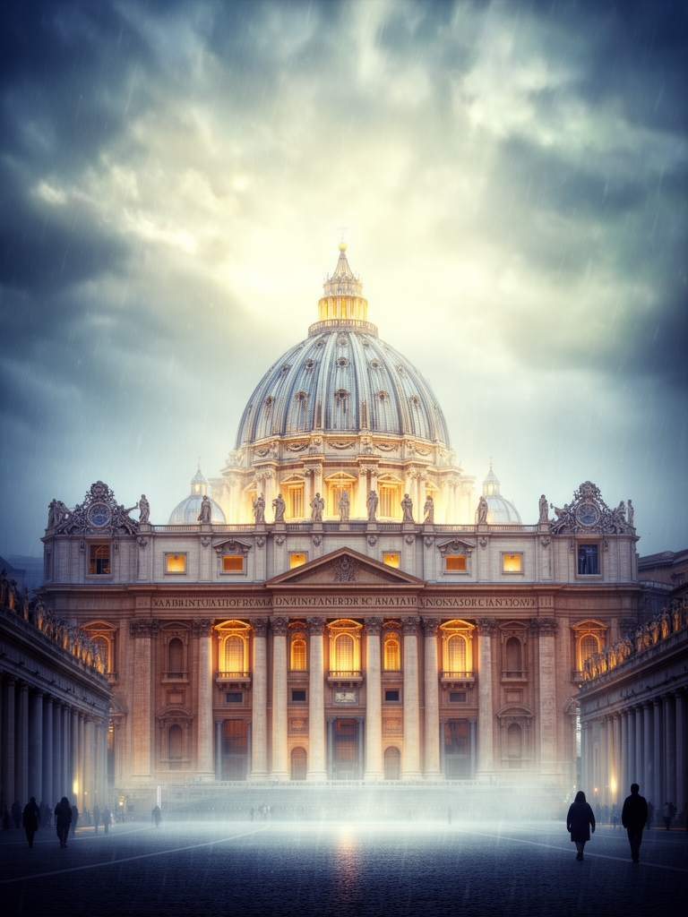 عکسی از شهر واتیکان در ایتالیا، کلیسای سنت پیتر . آسمان روشن ولی ابری و بارانی است. با مردمانی اندک شمار که در حاشیه تصویر گذر میکنند.4