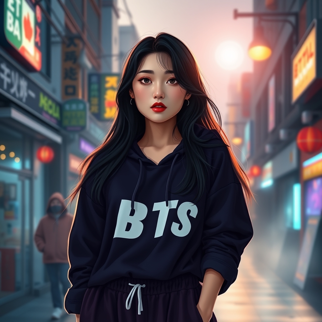 یک دختر کره ای ۲۰ ساله با لب های گوشتی که موهای بنفس سیاه داره و و هودی و شلوار دورنگ بنفش سیاه که روی هودی نوشتهBTSدر خیابان های سئول و هوای افتابی ولی سرد م2