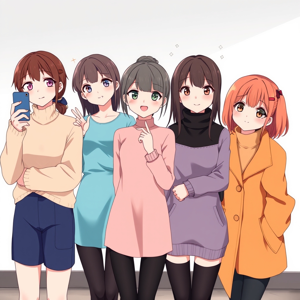 ۶ دختر زیبا که اولی دوربین تو دستشه و داره سلفی میگیره اولی چشمانی به زیبایی الماس و تیپ نسکافه ای دومی دستش رو اینجوری✌️کرده و تیپ آبی اقیانوسی زده وچشمانی از آسمان زیبا تر سومی
دستش رو اینجوری کرده🫰وپوستی به سفیدی برف داره چشمانی به رنگ سبز تیره داره و چهارمی تیپ نباتی زده و چشمانی قشنگ تر از آسمان دارد و پنجمی تیپ مشکی زده و چشمانی سیاه داره و موهاش کمی شبیه ونزدی هست آخری هم تیپ نارنجی زده و چشمانی به رنگ لباسش داره و تمام دخترا موهاشون همرنگ لباساشونه 5