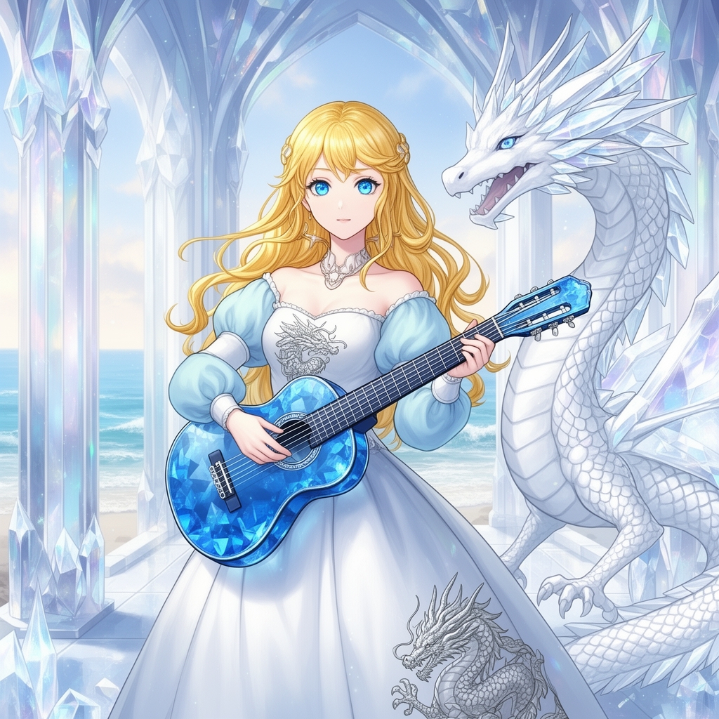 زیباترین زنی جوان در جهان حتی در رویایی که شکوه خدا را داشته باشد که نظیر آن در دنیا نباشد که همه از شدت زیبایی به او سجده کنند که با چشمان کریستالی آبی رنگ که در مردمکش دریا واقع شده است و با پوستی سفید همرنگ برف که با موهای طلایی رنگ بلند حالت دار که با لباس سلطنتی پفی آستین پفی ابی کمرنگ که اژدهای نقرهای رنگی بر روی آن حکاکی شده باشد زیبایی باشد و در حال باگیتار کریستالی آبی زدن باشد و داخل قصر کریستالی باشد و در کنارش زیباترین اژدهای کریستالی بزرگ سفید باشد 2