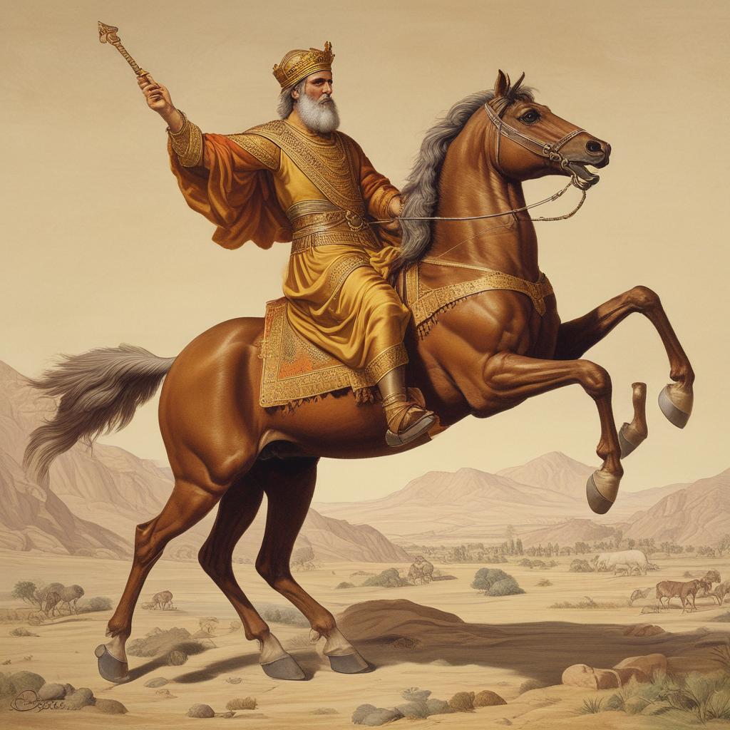 کوروش کبیر سوار یک اسب قهویی 1