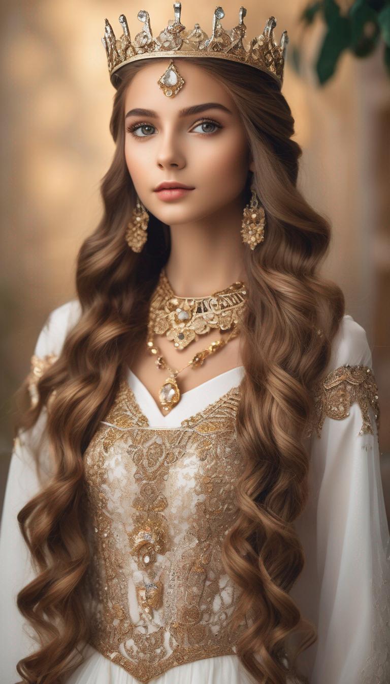 در تصویر، دختری را میبینید که تمام قد است. موهای بلند و قهوه ای روشن او را زیبا تزیین کرده است. رنگ پوستش سفید و طبیعی است و چشمان عسلی او از جمله ویژگیهای جذاب او هستند. ابروهایش به شکل کمانی و زیبا است و لبهای کوچک او به زیبایی صورتش اضافه میکند. در موهایش یک تاج زیبا قرار دارد که به او ظاهری اشرافی میدهد.
درباره لباس او، او یک لباس و دامن طرح دار پوشیده است که طرح آن مانند لباسهای گرجی است و با رنگ قرمز زنده و جذاب است. این لباس به او ظاهری شاداب و سرشار از زندگی میبخشد.
پس زمینه این تصویر یک قصر سفید و بسیار زیبا و با شکوه است، که در آن دختر ما به شکلی رویال و اشرافی قرار دارد. با تمام این توصیفات، او به ظاهری خیره کننده و فوق العاده زیباست.16