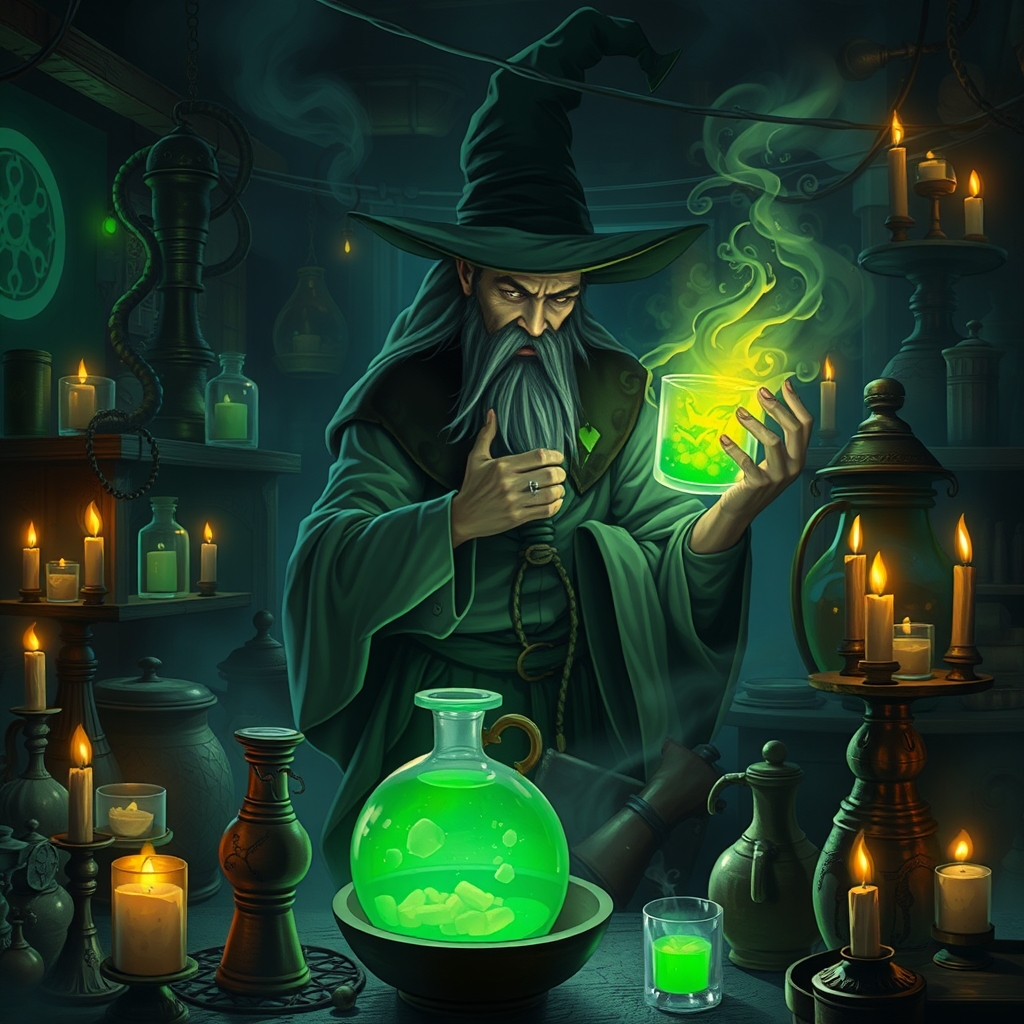 یک جادوگر اسرارآمیز و خوش هیکل در حال ساختن یک معجون درخشان در آزمایشگاهی تاریک و مه‌آلود پر از وسایل عجیب و غریب1