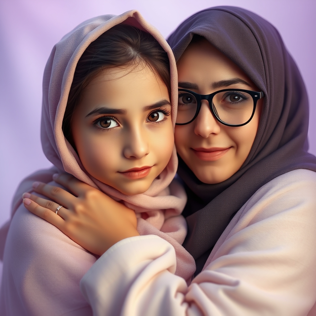 یک مادر و دختر باحجاب که همو بغل کردن
دختر ۱۲ ساله و چشمای مشکی و مژه بلند داره و هر دو  به دوربین نگاه میکنن و مادر عینکی هست و چشمای عسلی داره و یه جای نورانی هستن🩵💜💋👩‍❤️‍💋‍👩1