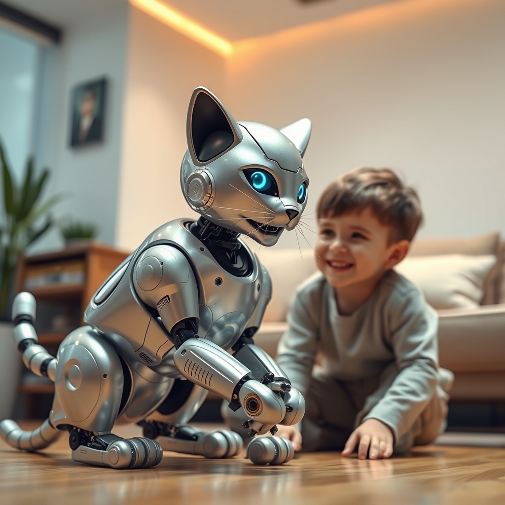 یک گربه ربات بازیگوش با خز فلزی براق، در حال تعامل با یک کودک در یک اتاق نشیمن آینده‌نگر.9
