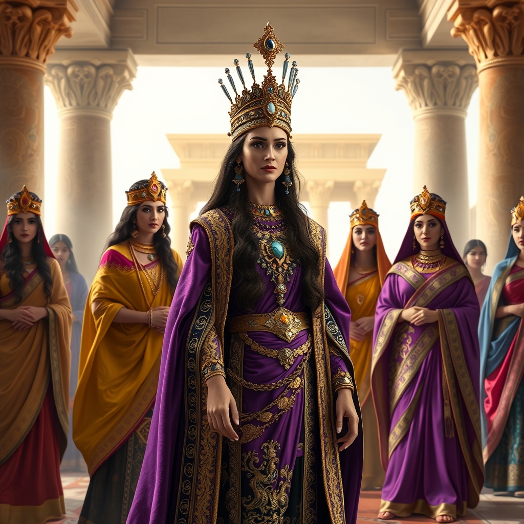 کاساندان همسر کوروش بزرگ و شهبانوی ایران زمین بسیار زیبا و باوقار با لباسی بسیار زیبا و با شکوه و سلطنتی به رنگ بنفش و طلایی و مشکی با سنگدوزی های فاخر و موهایی زیبا و بلند قهوه ای تیره و تاجی از طلا و الماس که چند بانوی دربار با پیراهن های ایرانی با رنگهای زیبا و موهای اراسته در اطرافش ایستاده اند در قصر هخامنشی تخت جمشید 16