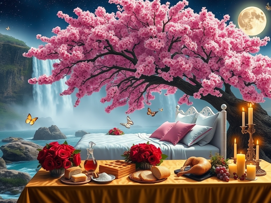 درخت پر شکوفه صورتی سیب بزرگ و پهناور بالای یک آبشار بزرگ با رودهای جاری اطرافش
پایین آبشار زیر سایه شکوفه های صورتی درخت سیب
یک تخت خواب سلطنتی سفید تزیین شده با گلها با تم ملکه قرون وسطایی و کوسن صورتی گذاشته شده
در شب درخشان پر ستاره با مهتاب درخشان و پروانه های درخشان
یک میز دراز زرین پر شده با گل سرخ و شمع ها
نان کره عسل مرغ بریان خوشه انگور باقلوا نزدیک تخت گذاشته شده 8