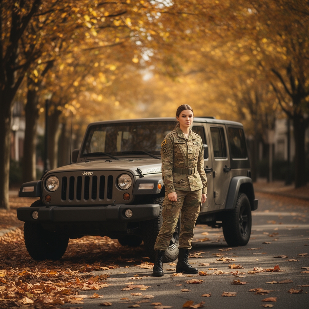 عکس دختری زیبا درون لباس ارتشی در کنار ماشین جیپ درخیابان پاییزی
1