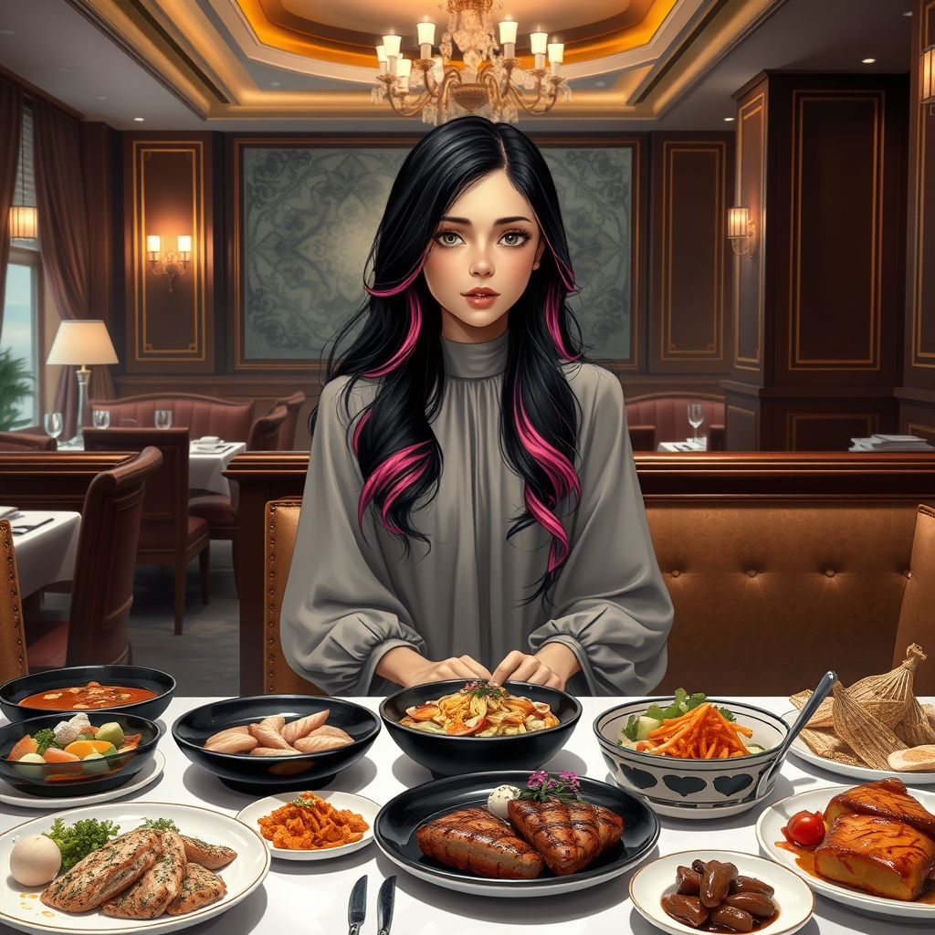 دختر ۱۸ ساله  با مو های بلند سیاه و صورتی  تپل نشسته در گران قیمت ترین رستوران تهران 
و ۱۰ نوع غذای گرون بر روی میز غذا خوری 6