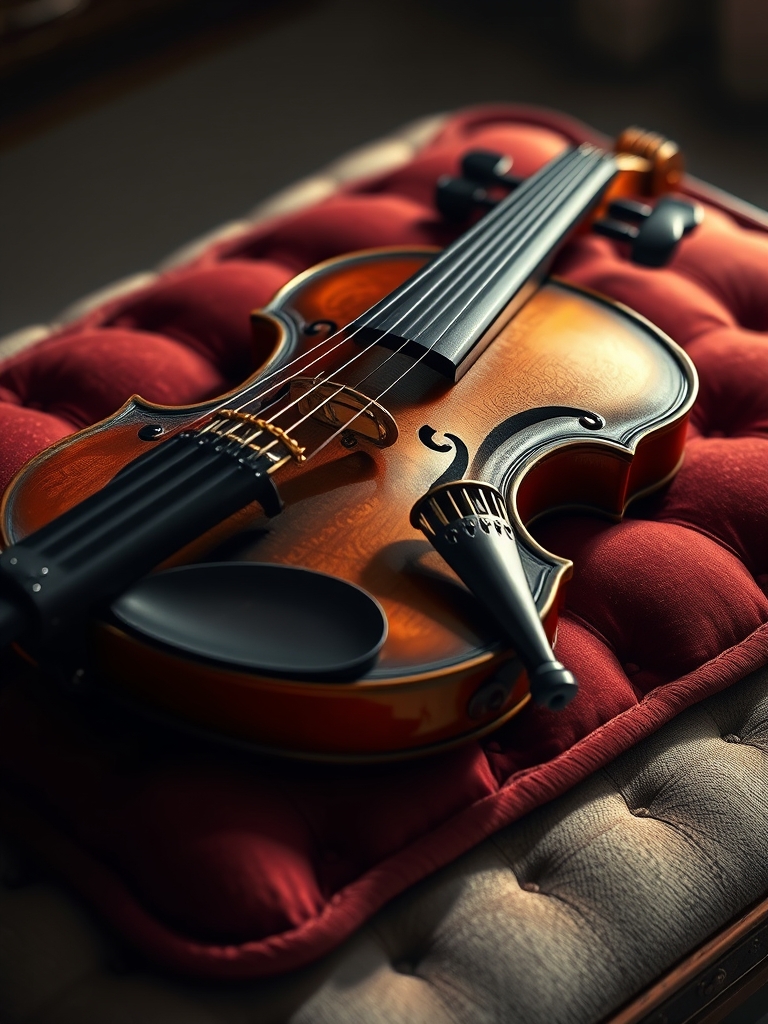 یک ویولن عتیقه با حکاکیهای طلایی، قرار گرفته روی یک بالشت مخملی زیر نور نرم.6