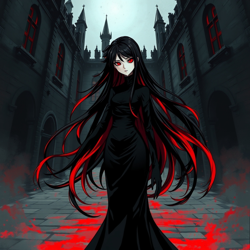 دختری خوناشام در قصری متروکه ی مشکی با مو های بلند مشکی و جلوی موهاش قرمز و چشمان قرمز و لباسی مشکی ی سلطنتی بدون پف 17