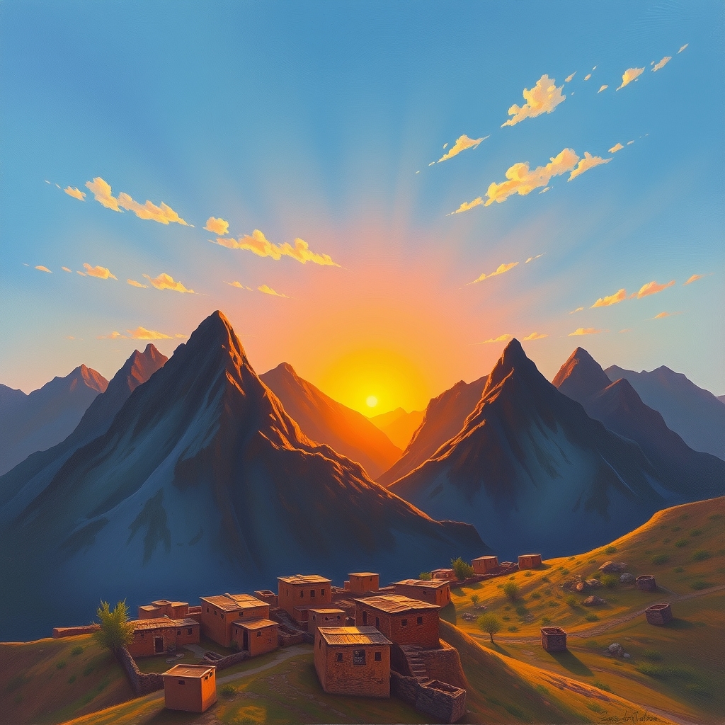 نقاشی از طلوع خورشید در کوهستان های بلوچستان و روستای قدیمی با خانه های گلی وسط کوه ها 5