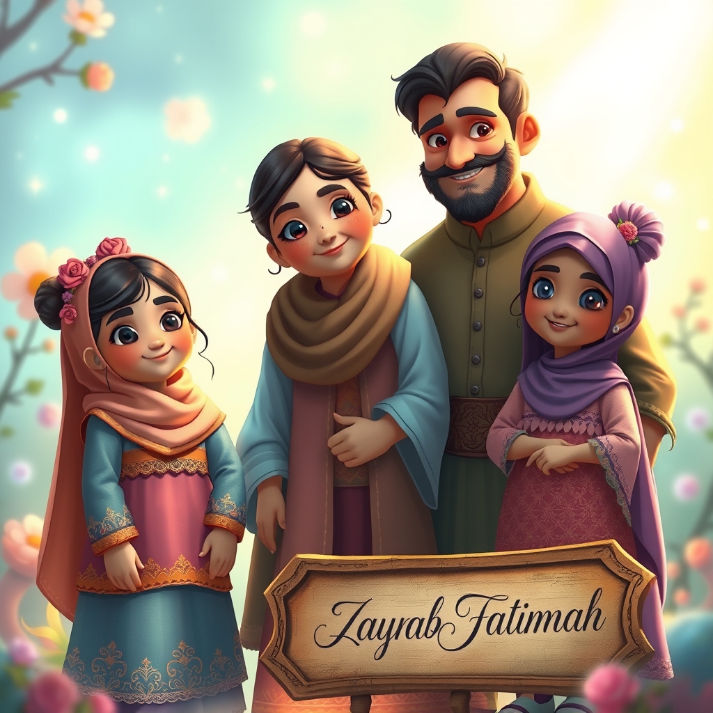 دختری در کنار عمویش استاده است نام او رو به نوشته نام او زنب است که کنار عموی مهربانش استاده و عمویش جوان و خوش تیپ است و ان طرف عمویش یک دختر هم قد و قواره ی خودش که نامش فاطمه است و نامش روبه رویش نوشته شده است10