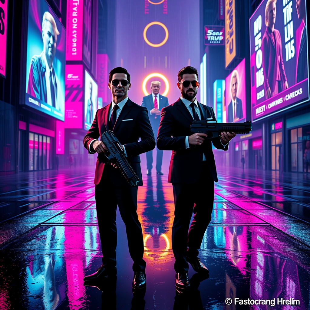 یک تصویر که رونالدو و مسی با کت شلوار شیک و عینک آفتابی دارن و در دستشان تفنگ است دارن  که بادیگارد ترامپ هستن 1