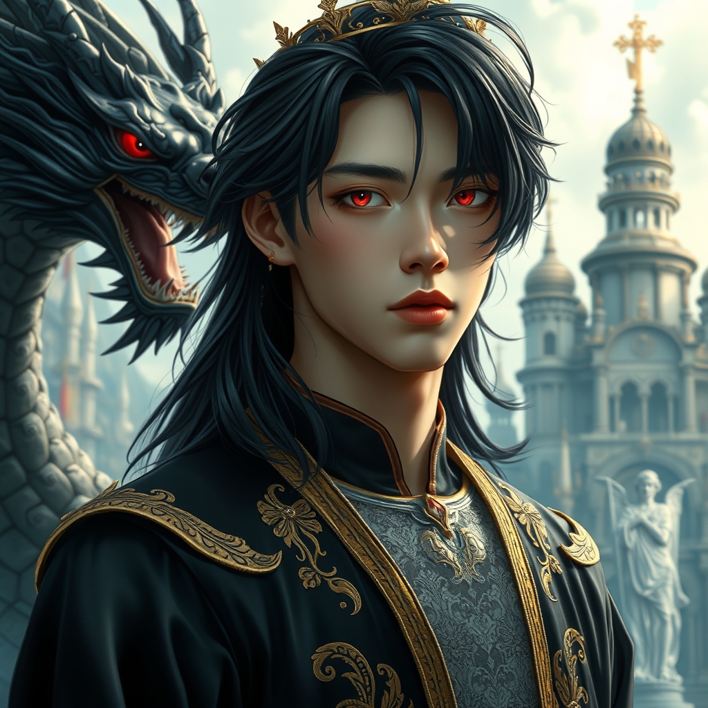 زیباترین مرد جوان در هستی حتی در رویایی که شکوه خدا را داشته باشد که نظیر آن در دنیا نباشد که همه از شدت زیبایی به او سجده کنند که با موهای مشکی رنگ بلند حالت دار و موجدار ایکلیری نچندان بلند و نچندان کوتاه و زیبایی رو داشته باشد که با چشمانی کریستالی قرمز رنگ خونی باشد که با پوست سفید همچون ماه و با لبانی سرخ همچون یاقوت با گونه‌هایی صورتی که تاجی از طلا بر سر داشته باشد که لباس سلطنتی مشکی طلایی رنگ توری بر تن داشته باشد که پشت سرش قصر باشکوهی باشد که در کنارش اژدهای بزرگ کریستالی سیاه باشد 1