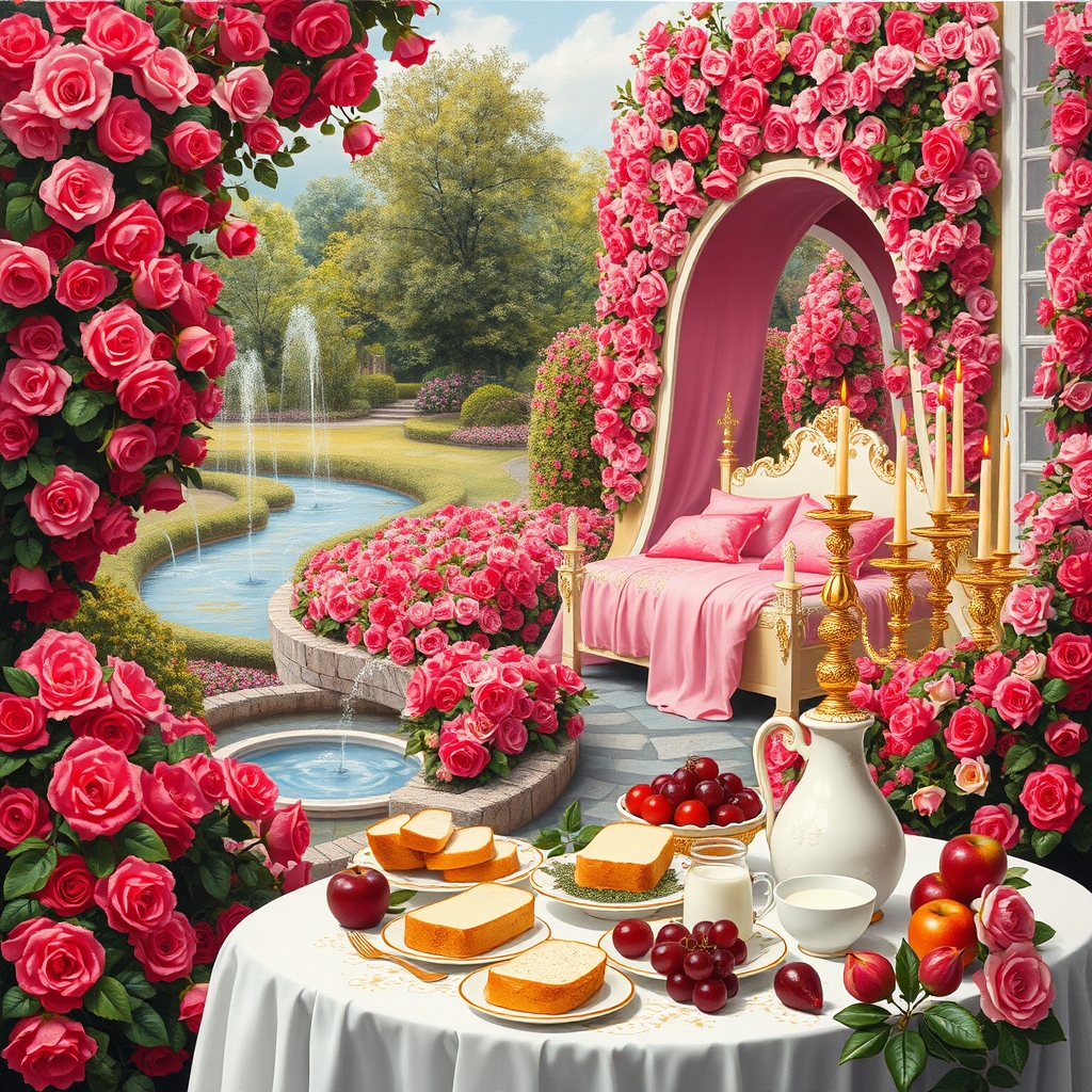 باغ گل رز سرخ و صورتی در و دیوار زمین همه جا سرتاپای باغ با رز سرخ و صورتی پوشیده شده
آبشاران جاری اند
رودها به هم می ریزند
یک طاق گل صورتی
یک تخت خواب سفید طلایی سلطنتی با کوسن صورتی و شمعدان های طلا پر شمع
یک میز سفید و طلایی مجلل صبحانه
پر نان کره خامه عسل مربا شیر میوه سیب انار انگور23