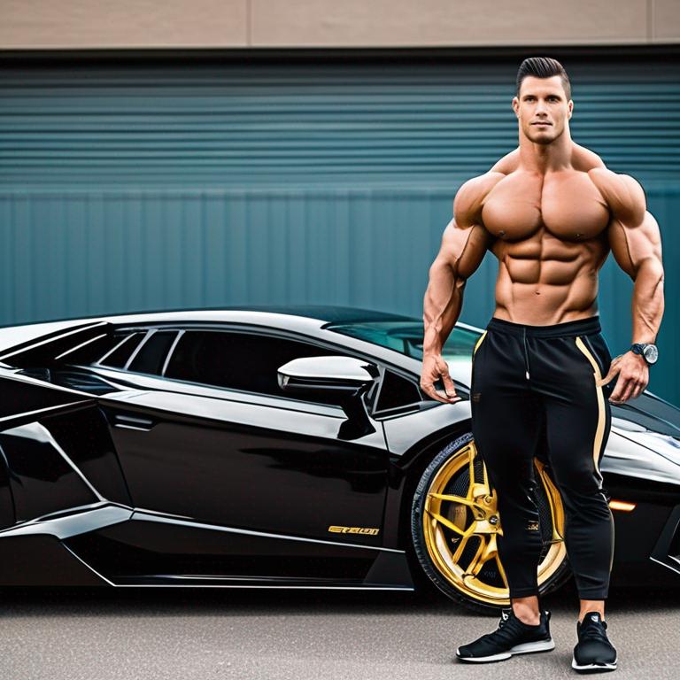 مرد بدنساز در کنار لامبورگینی سیاه8