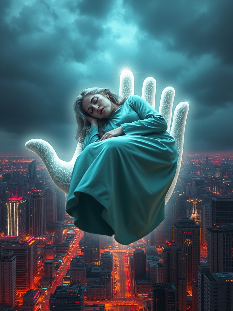 یک دست نورانی و بزرگ از جنس انرژی که یک زن تنــها  در آن دست با آرامش خوابیده تمام بدن زن با لباسی یکسره پوشیده شده موهایی خاکستری و بلند و موج دار دارد  آسمان ابری و تیره  است دست در بالای یک شهر شلوغ است23