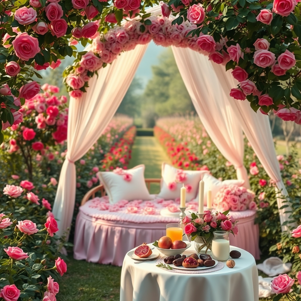 در صبح بهاری بارانی باغ گل رز صورتی در احاطه درختان پر شکوفه زیر تونل درست شده از گل های سرخ یک خیمه توری گل بهی سفید و صورتی با تخت گرد صورتی با کوسن های سفید پر از گل های رز صورتی 
و میز کوچک سفید با تزیین شمع و رز صورتی نان کره خامه عسل میوه انار انگور سیب شیر شیر برنج گردو خرما 



14