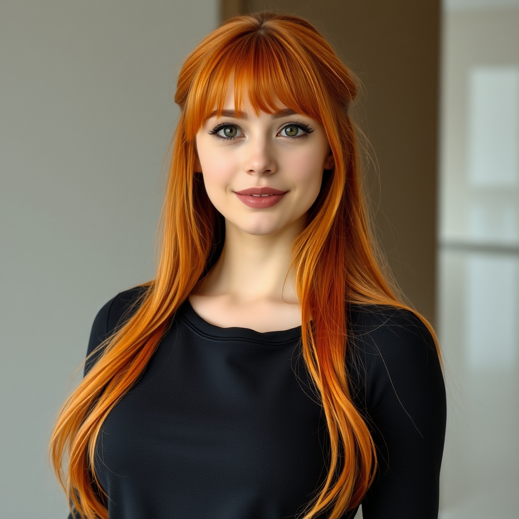 یه زن جوان زیبا با موهای نارنجی دراز و چتری زده و لاغر و لباس معمولی ساده 7