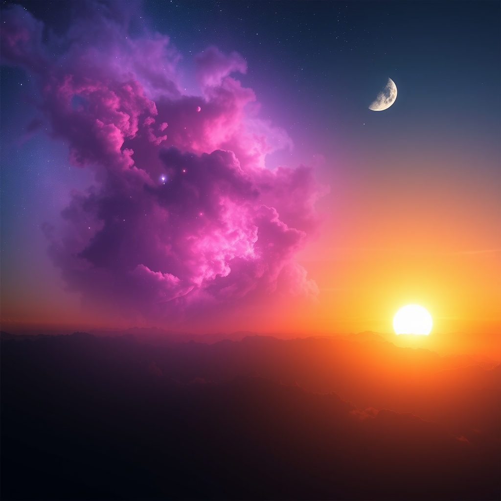 یه صحنه کهکشانی که خورشید داره از مغرن غروب و ماه داره از مشرق طلوع میکنه و بینشون یه سهابی رویایی هست که رنگش بنش و صورتی و نیلی هست 6