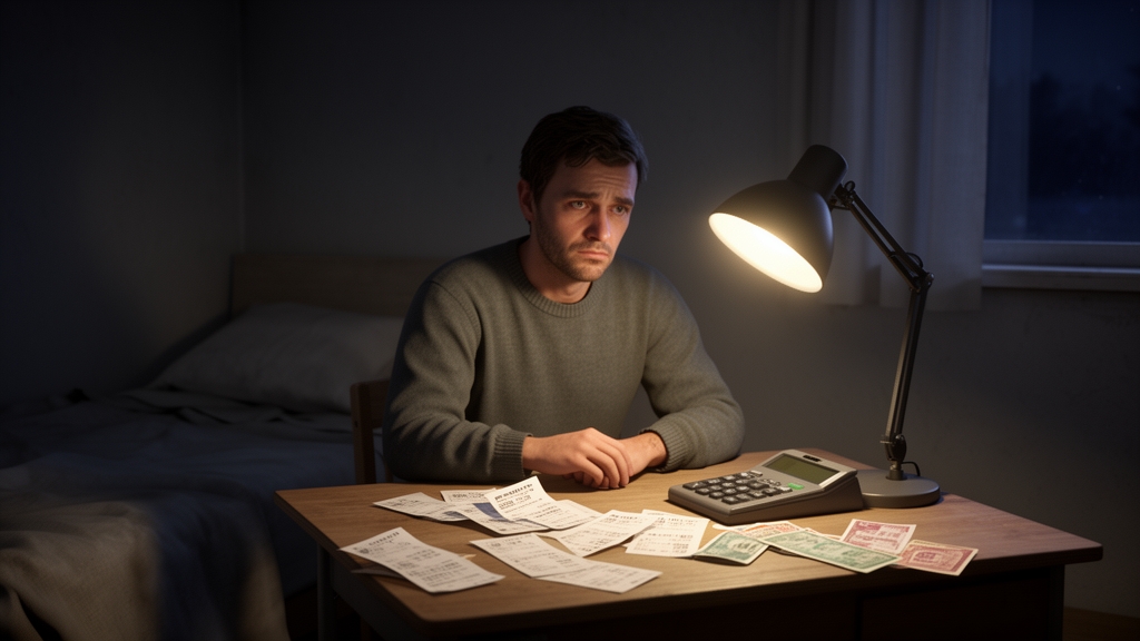 مرد معمولی پشت میز کوچک، شب، چراغ مطالعه روشن، اتاق ساده، صورت خسته ولی هوشیار. روی میز صورتحسابها و ماشین حسابها و قبض ها ...0