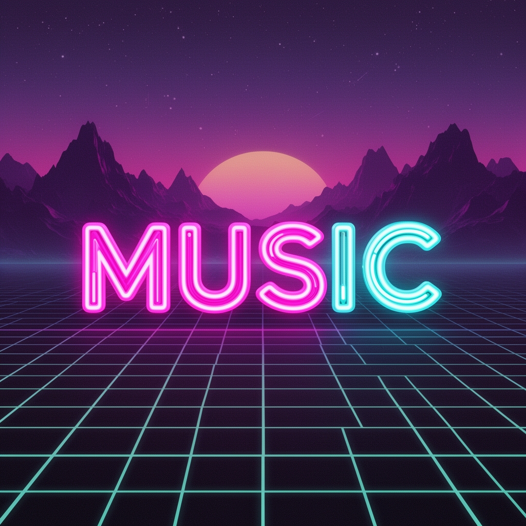 پوستر موسیقی سبک رترو دهه ۸۰ (Synthwave)، خورشید در حال غروب در افق شبکه‌ای، کوه‌های بنفش، نوشته نئونی بزرگ "MUSIC" در مرکز.4