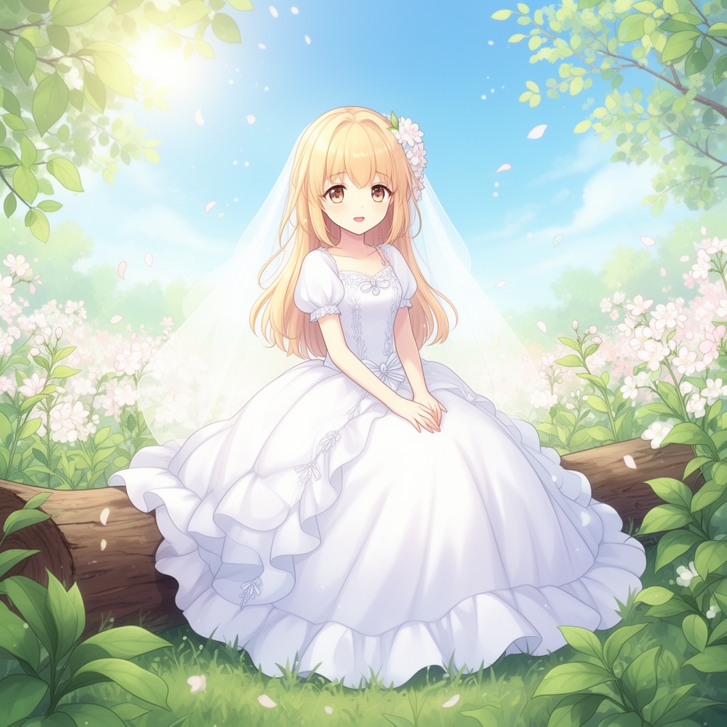 یک دختر 12 ساله با لباس عروس پفپفی زیبا با موهای طلایی کم رنگ در پشت زمینه یک فصل بهاری که روی یک کنده چوب با خز سبز نشسته 0